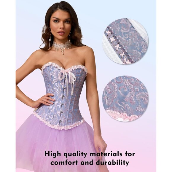 Women's Blue Corset Tops Bustier Lingerie Lace Waist Push Up Bodysuit - Picture 3 of 7